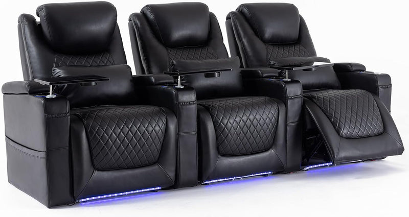 Home Theater Seating Seats, Theater Recliner Chair Sofa Game Movie Theater Chairs with 7 Colors Ambient Lighting, Lumbar Pillow, Side Pocket, Tray Table, Power Recline, Black