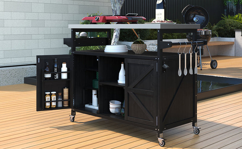 K&K Outdoor Kitchen Island with Rolling Bar Cart and Storage Cabinet