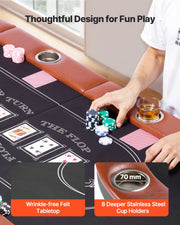 Foldable Poker Table, 8 Player 72 in Folding Casino Leisure Table with Padded Rails and Cup Holders, Oval Portable Game Tables with Felt & Metal Legs, for Texas Holdeem Game and Blackjack