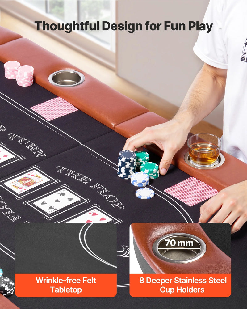 Foldable Poker Table, 8 Player 72 in Folding Casino Leisure Table with Padded Rails and Cup Holders, Oval Portable Game Tables with Felt & Metal Legs, for Texas Holdeem Game and Blackjack