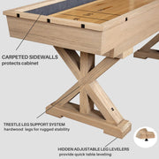 12 FT Solid Wood Shuffleboard Table, Comes in 2 6' Pieces Goes around Stairs & Hallways, Multi Game Includes Bowling Pin Set & More