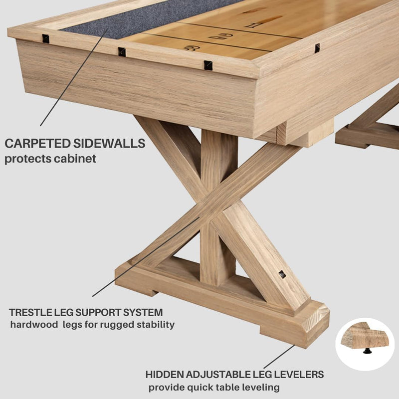 12 FT Solid Wood Shuffleboard Table, Comes in 2 6' Pieces Goes around Stairs & Hallways, Multi Game Includes Bowling Pin Set & More