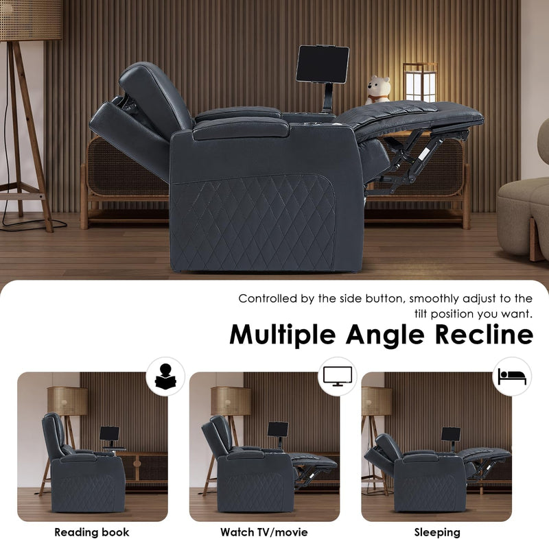 Astronaut Zero Gravity Home Theater Seating Top Grain Leather Recliner Sofa Power Headrest Footrest with Carbon Fiber Tray Table, Tablet Stand, Type-C USB Charging, Cup Holder Row of 3 Black