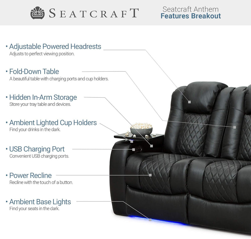 Anthem Home Theater Seating - Italian Leather - Power Recline Sofa - Fold-Down Table - Powered Headrests - Arm Storage - USB Charging - Cup Holders, Black