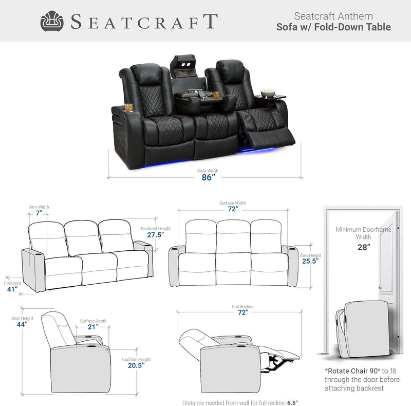 Anthem Home Theater Seating - Italian Leather - Power Recline Sofa - Fold-Down Table - Powered Headrests - Arm Storage - USB Charging - Cup Holders, Black