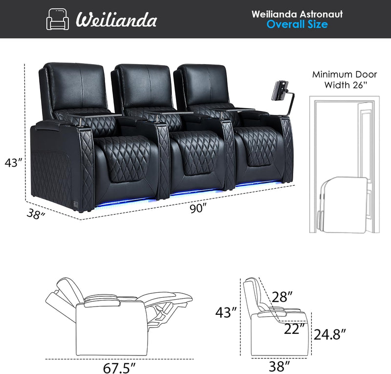 Astronaut Zero Gravity Home Theater Seating Top Grain Leather Recliner Sofa Power Headrest Footrest with Carbon Fiber Tray Table, Tablet Stand, Type-C USB Charging, Cup Holder Row of 3 Black