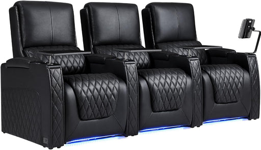 Astronaut Zero Gravity Home Theater Seating Top Grain Leather Recliner Sofa Power Headrest Footrest with Carbon Fiber Tray Table, Tablet Stand, Type-C USB Charging, Cup Holder Row of 3 Black