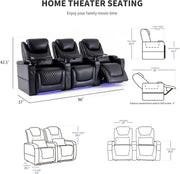 Home Theater Seating Seats, Theater Recliner Chair Sofa Game Movie Theater Chairs with 7 Colors Ambient Lighting, Lumbar Pillow, Side Pocket, Tray Table, Power Recline, Black