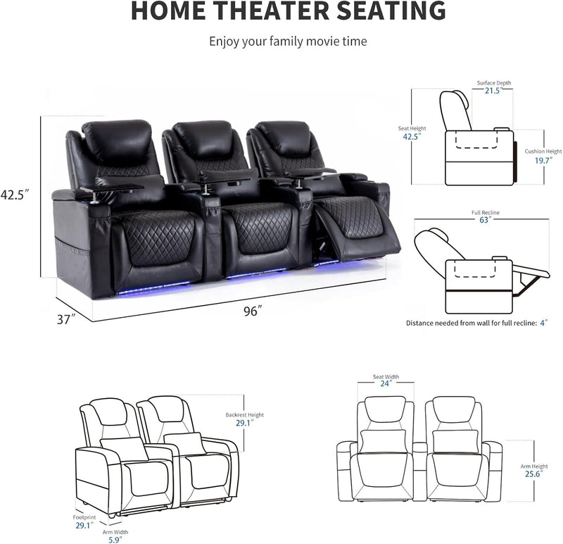 Home Theater Seating Seats, Theater Recliner Chair Sofa Game Movie Theater Chairs with 7 Colors Ambient Lighting, Lumbar Pillow, Side Pocket, Tray Table, Power Recline, Black