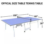 9 Ft. Blue Table Tennis Table Foldable and Ping Pong Table Set for Indoor and Outdoor Games W/Net, 2 Paddles and 3 Balls