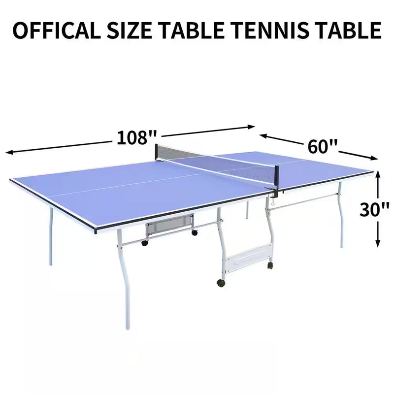 9 Ft. Blue Table Tennis Table Foldable and Ping Pong Table Set for Indoor and Outdoor Games W/Net, 2 Paddles and 3 Balls