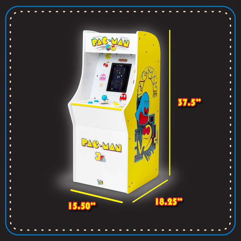 Pac Man Jr Series Free Standing Machine, 3 Games, 8" Liquid Crystal Screen - Arcade Game for Basements, Garages, or Game Rooms