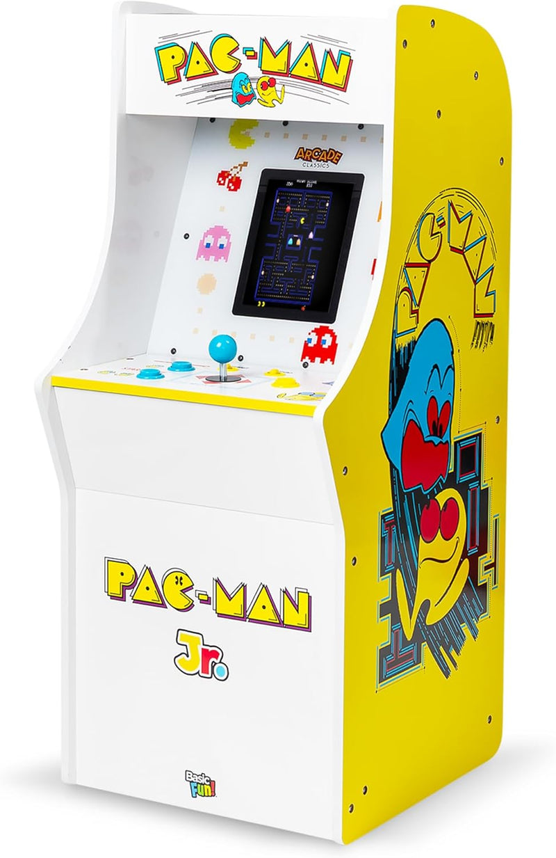 Pac Man Jr Series Free Standing Machine, 3 Games, 8" Liquid Crystal Screen - Arcade Game for Basements, Garages, or Game Rooms