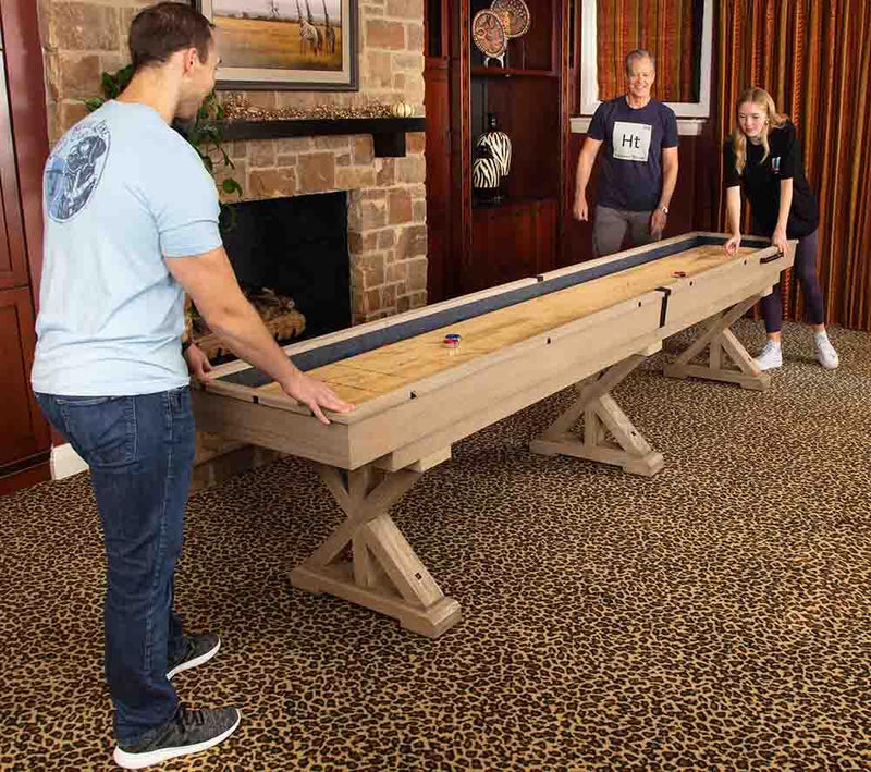 12 FT Solid Wood Shuffleboard Table, Comes in 2 6' Pieces Goes around Stairs & Hallways, Multi Game Includes Bowling Pin Set & More