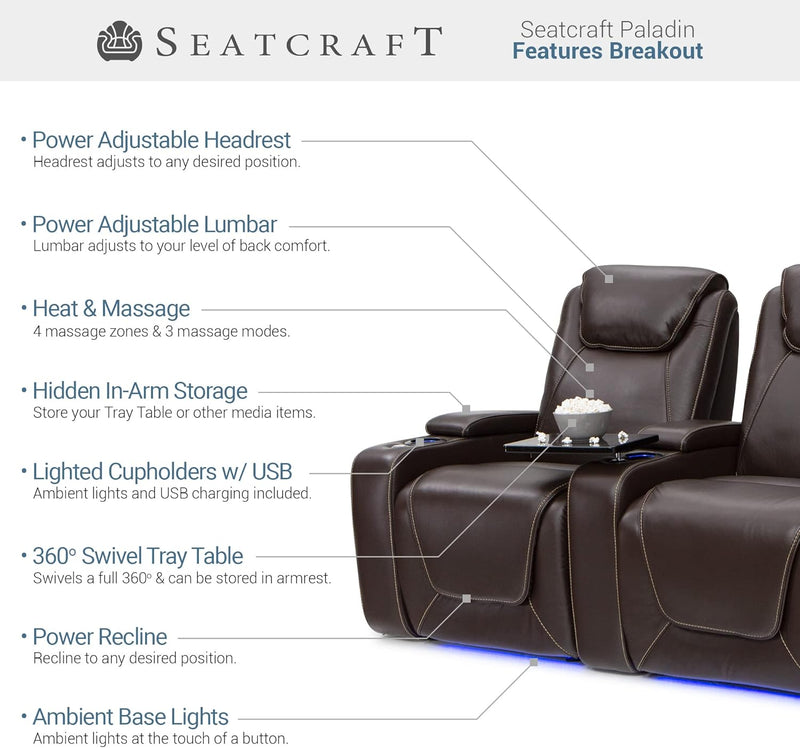 Paladin Home Theater Seating, Heat & Massage, Powered Headrest, Powered Lumbar, Italian Leather, Powered Recline, Row of 4 Middle Loveseat, Brown