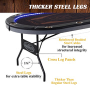 Barrington 10 Player Folding Poker Table with LED Lights – No Assembly Required, Casino Style with Steel Cup Holders & Padded Rails