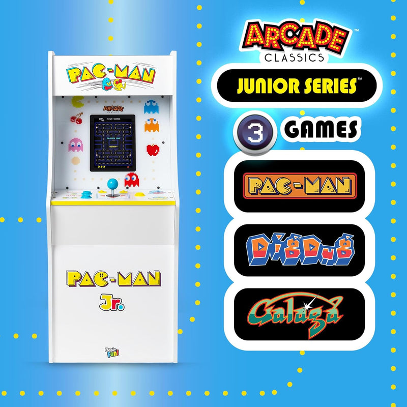 Pac Man Jr Series Free Standing Machine, 3 Games, 8" Liquid Crystal Screen - Arcade Game for Basements, Garages, or Game Rooms