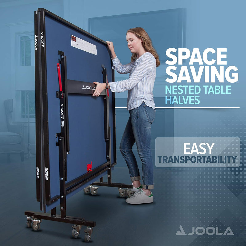 inside Professional MDF Indoor Ping Pong Table with Quick Clamp Table Tennis Net and Post Set - 10 Minute Easy Assembly - Tournament Quality - Foldable with Single Player Playback Mode