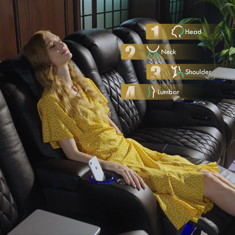 Home Theater Seating Top Grain Leather Zero Gravity Recliner Chair Power Headrest Recline Movie Seat Gaming 7 Colors Mood Light Sofa with Tray Table USB Charge Row of 3 Loveseat Right Black