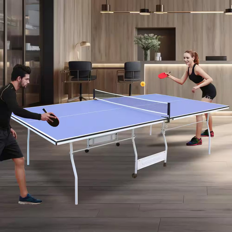 9 Ft. Blue Table Tennis Table Foldable and Ping Pong Table Set for Indoor and Outdoor Games W/Net, 2 Paddles and 3 Balls