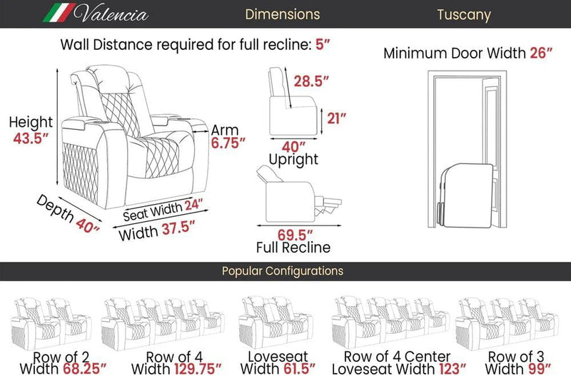 Valencia Tuscany Executive Premier Home Theater Seating with Heat & Massage, Top Grain Italian Nappa 11000 Leather Power Recliner Chair with Headrest & Lumbar Support (Row of 5, Black)