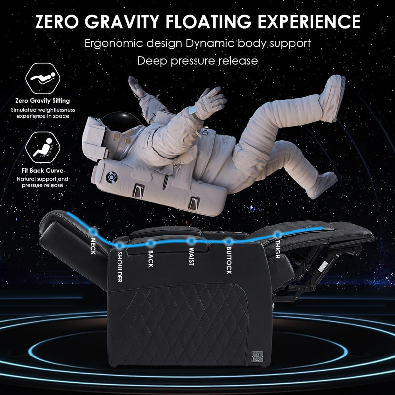 Astronaut Zero Gravity Home Theater Seating Top Grain Leather Recliner Sofa Power Headrest Footrest with Carbon Fiber Tray Table, Tablet Stand, Type-C USB Charging, Cup Holder Row of 3 Black