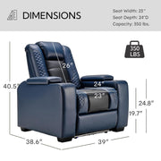 Power Home Theater Seating Recliner Chairs Set of 3, PU Leather Recliner & Cup Holder, Electric Movie Theater Reclining Chairs with Adjustable Headrest, Blue LED, Hidden Arm Storage (Black-Blue)