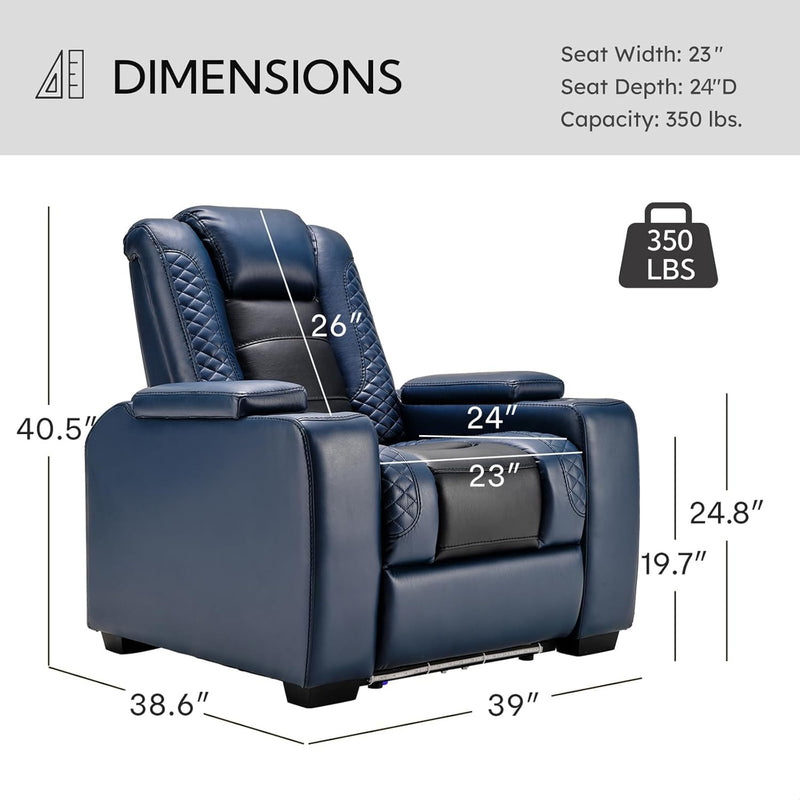 Power Home Theater Seating Recliner Chairs Set of 3, PU Leather Recliner & Cup Holder, Electric Movie Theater Reclining Chairs with Adjustable Headrest, Blue LED, Hidden Arm Storage (Black-Blue)