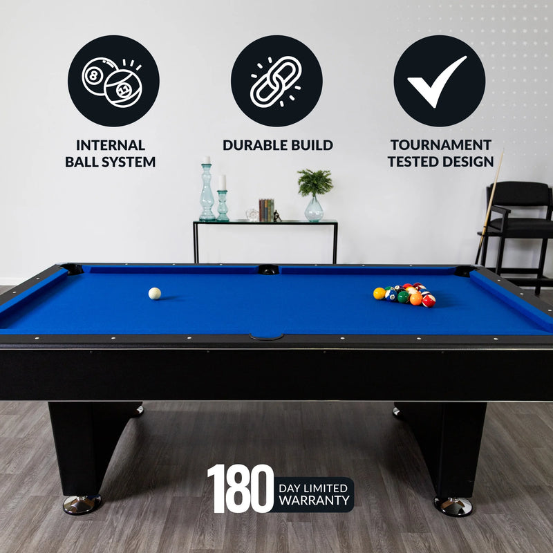 Hustler 7-Foot Pool Table with Blue Felt, Internal Ball Return System, Easy Assembly, Pool Cues and Chalk