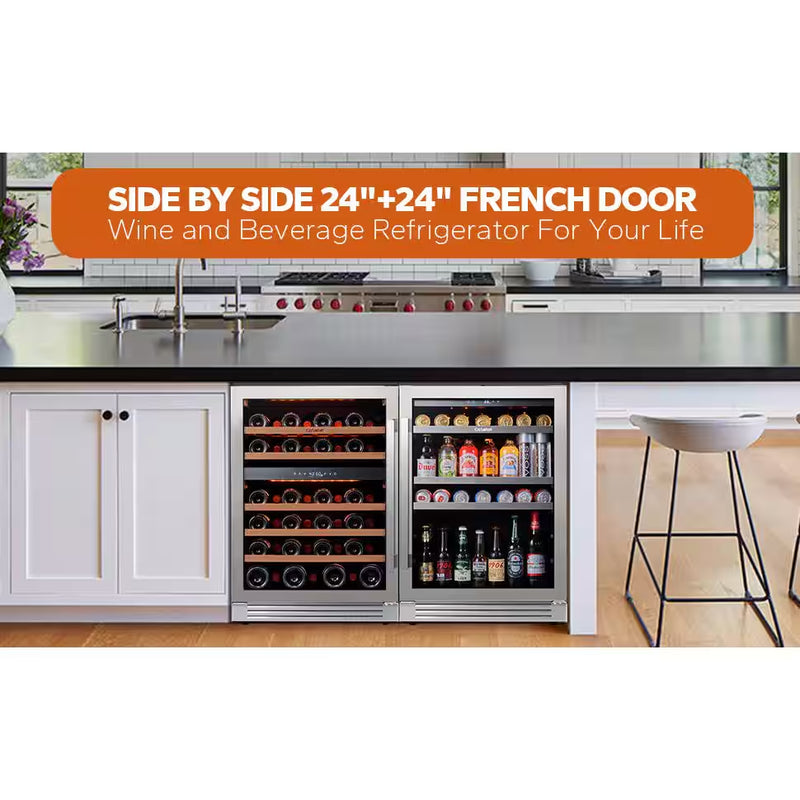 48 In. Triple Zone 46-Wine Bottles and 220-Cans Beverage and Wine Cooler Side-By-Side Refrigerator Frost Free in Black