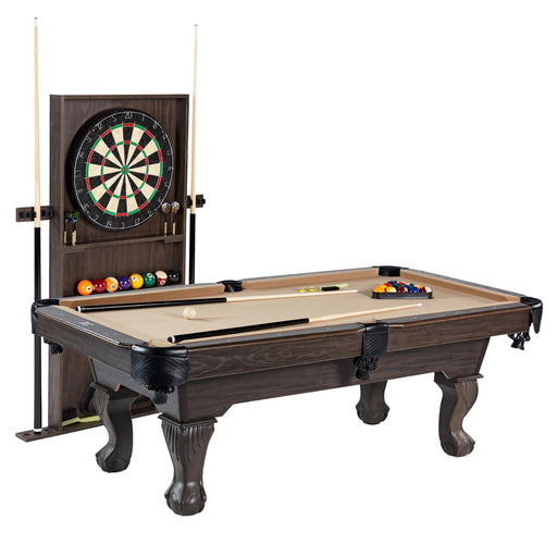 7.5 Ft Billiard Pool Table with Cue Rack, Dartboard, and Game Accessories, Tan, by