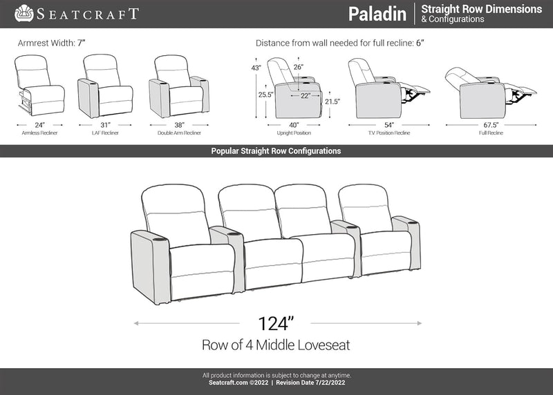 Paladin Home Theater Seating, Heat & Massage, Powered Headrest, Powered Lumbar, Italian Leather, Powered Recline, Row of 4 Middle Loveseat, Brown
