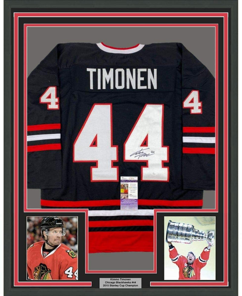 Framed Autographed/Signed Kimmo Timonen 35x39 Chicago Black Hockey Jersey JSA COA