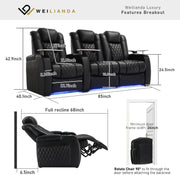 Home Theater Seating Top Grain Leather Zero Gravity Recliner Chair Power Headrest Recline Movie Seat Gaming 7 Colors Mood Light Sofa with Tray Table USB Charge Row of 3 Loveseat Right Black