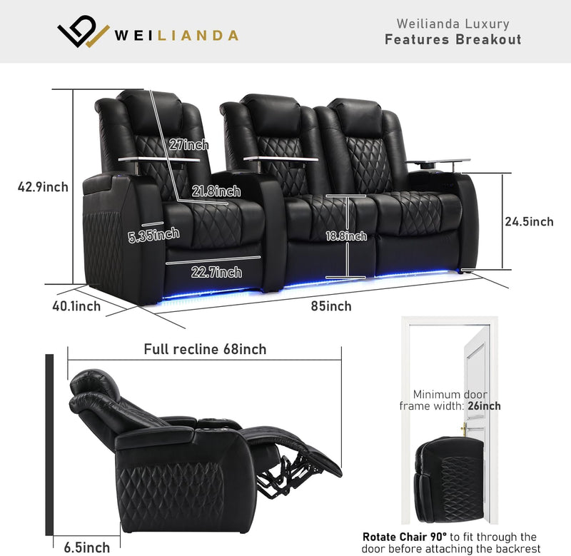 Home Theater Seating Top Grain Leather Zero Gravity Recliner Chair Power Headrest Recline Movie Seat Gaming 7 Colors Mood Light Sofa with Tray Table USB Charge Row of 3 Loveseat Right Black