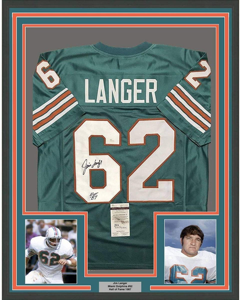 Framed Autographed/Signed Jim Langer HOF 87  35x39 Miami Dolphins Teal Football Jersey JSA COA