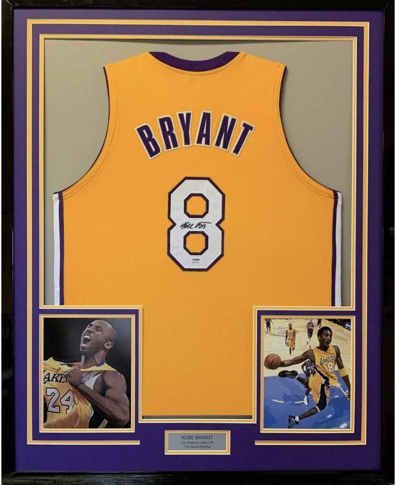 Framed Autographed/Signed Kobe Bryant 35x39 Los Angeles LA Yellow Basketball Jersey PSA/DNA COA