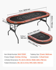 Foldable Poker Table, 8 Player 72 in Folding Casino Leisure Table with Padded Rails and Cup Holders, Oval Portable Game Tables with Felt & Metal Legs, for Texas Holdeem Game and Blackjack