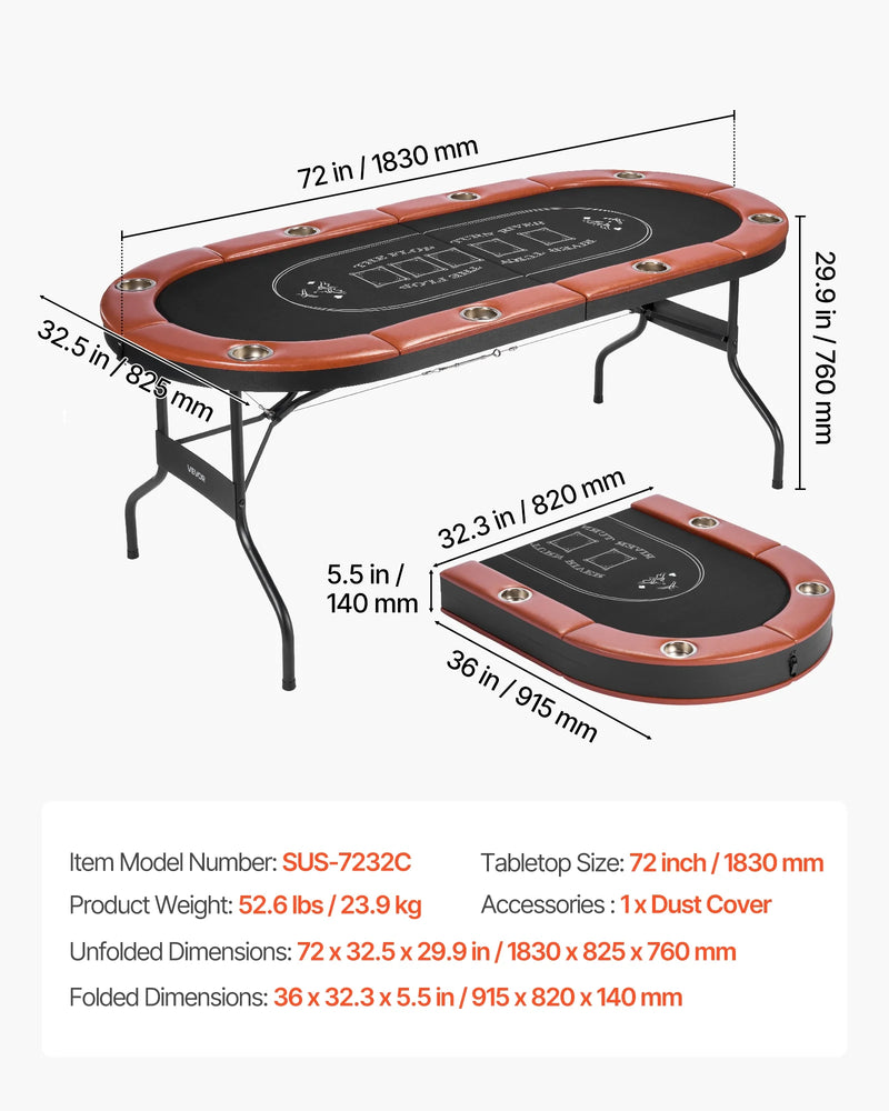 Foldable Poker Table, 8 Player 72 in Folding Casino Leisure Table with Padded Rails and Cup Holders, Oval Portable Game Tables with Felt & Metal Legs, for Texas Holdeem Game and Blackjack