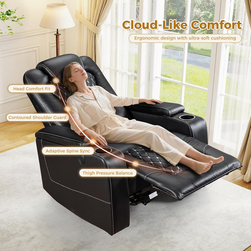 Power Recliner Chair Set of 3, Electric Soft Leather Reclining Home Theater Seating - USB Ports, Cup Holders, Hidden Arm Storage Movie & Media Room Chairs (Black)