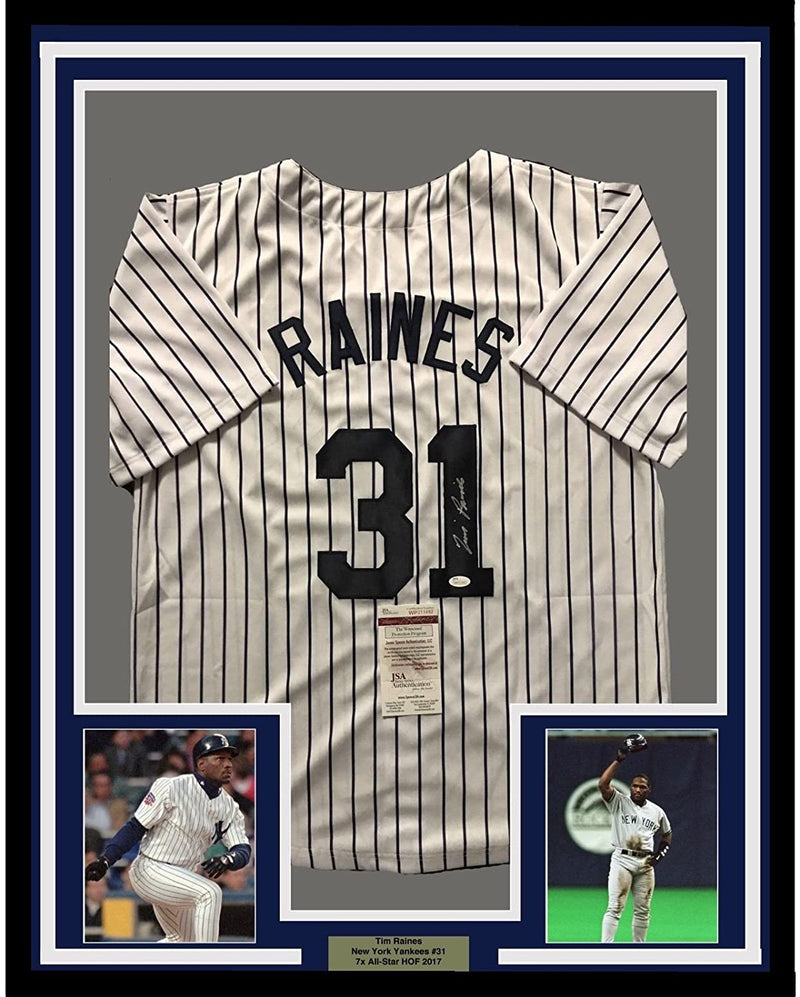Framed Autographed/Signed Tim Raines 35x39 New York Pinstripe Baseball Jersey JSA COA
