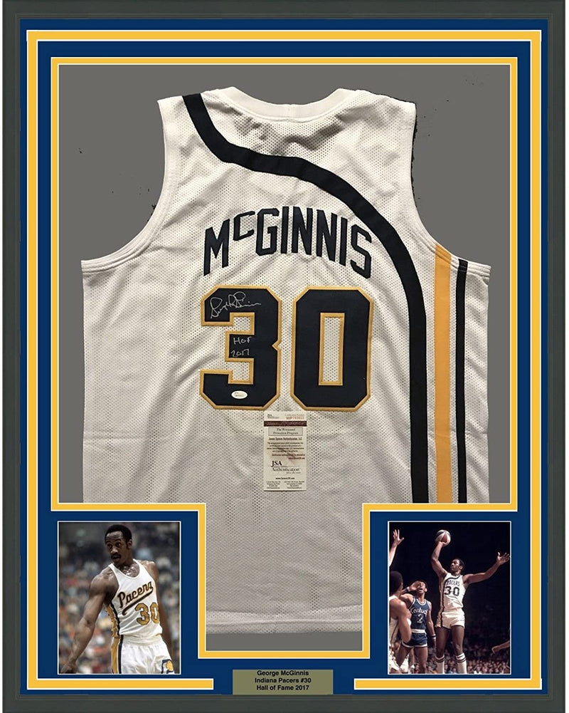 Framed Autographed/Signed George McGinnis HOF 17  35x39 Indiana White Basketball Jersey JSA COA