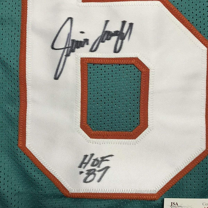 Framed Autographed/Signed Jim Langer HOF 87  35x39 Miami Dolphins Teal Football Jersey JSA COA