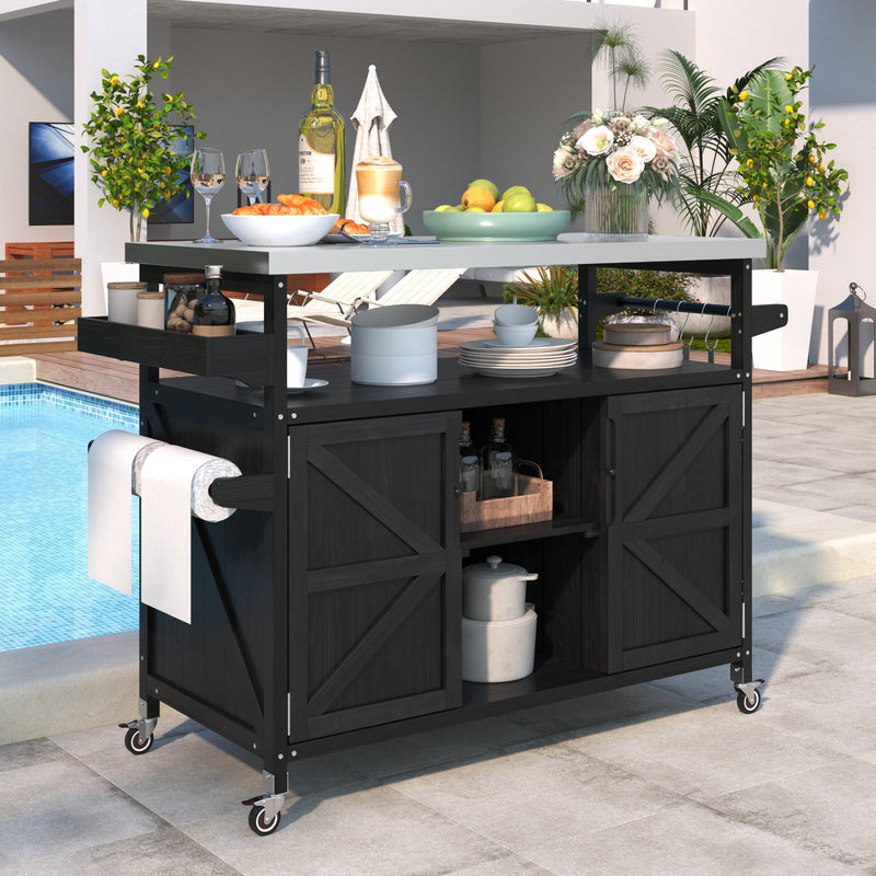 K&K Outdoor Kitchen Island with Rolling Bar Cart and Storage Cabinet