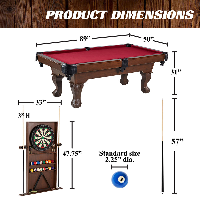 7.5 Ft Billiard Pool Table with Cue Rack, Dartboard, and Game Accessories, Burgundy, by