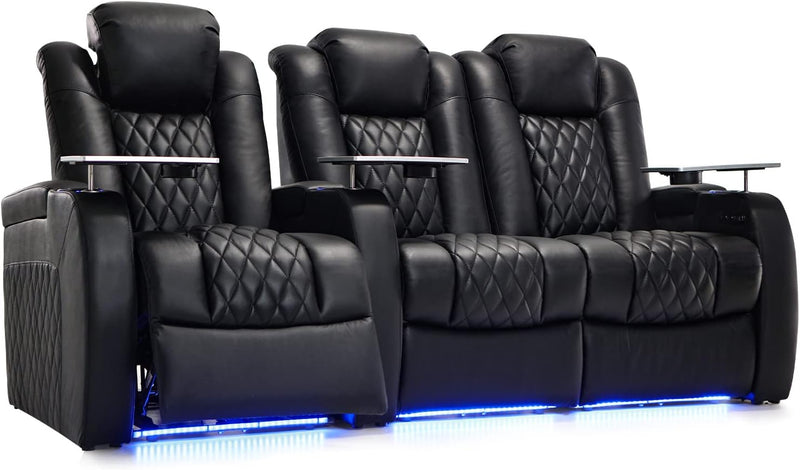 Home Theater Seating Top Grain Leather Zero Gravity Recliner Chair Power Headrest Recline Movie Seat Gaming 7 Colors Mood Light Sofa with Tray Table USB Charge Row of 3 Loveseat Right Black