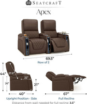 Apex Home Theater Seating, Living Room, Powered Headrest, Powered Lumbar, Powered Recline, Italian Leather, USB Charging, Row of 2, Brown