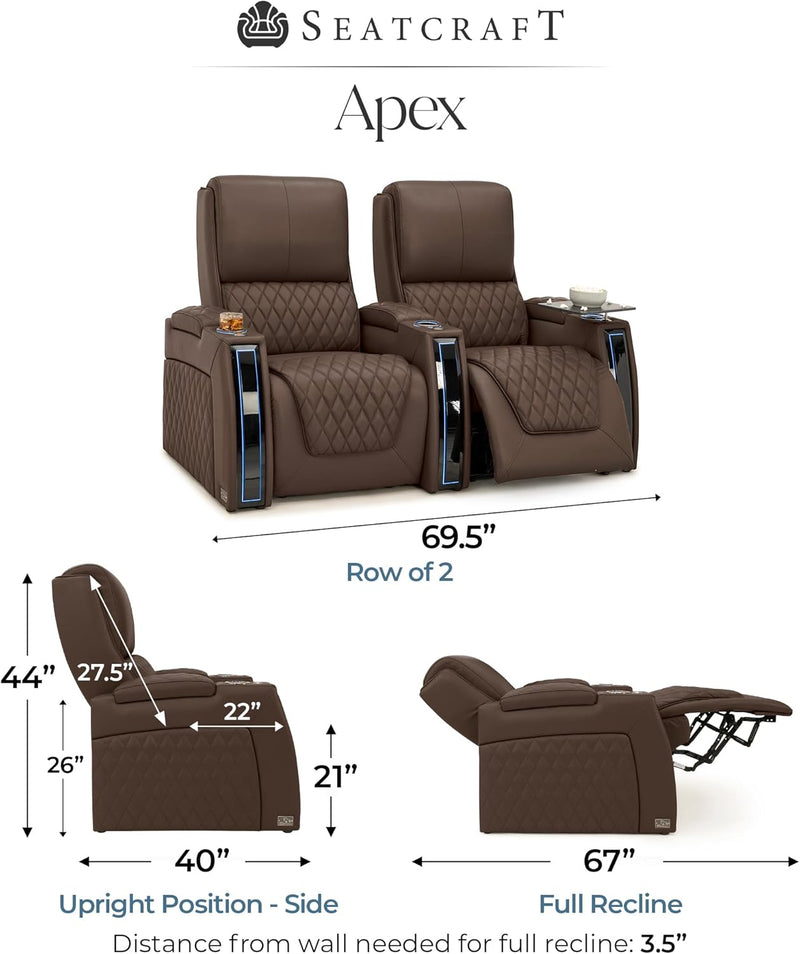 Apex Home Theater Seating, Living Room, Powered Headrest, Powered Lumbar, Powered Recline, Italian Leather, USB Charging, Row of 2, Brown