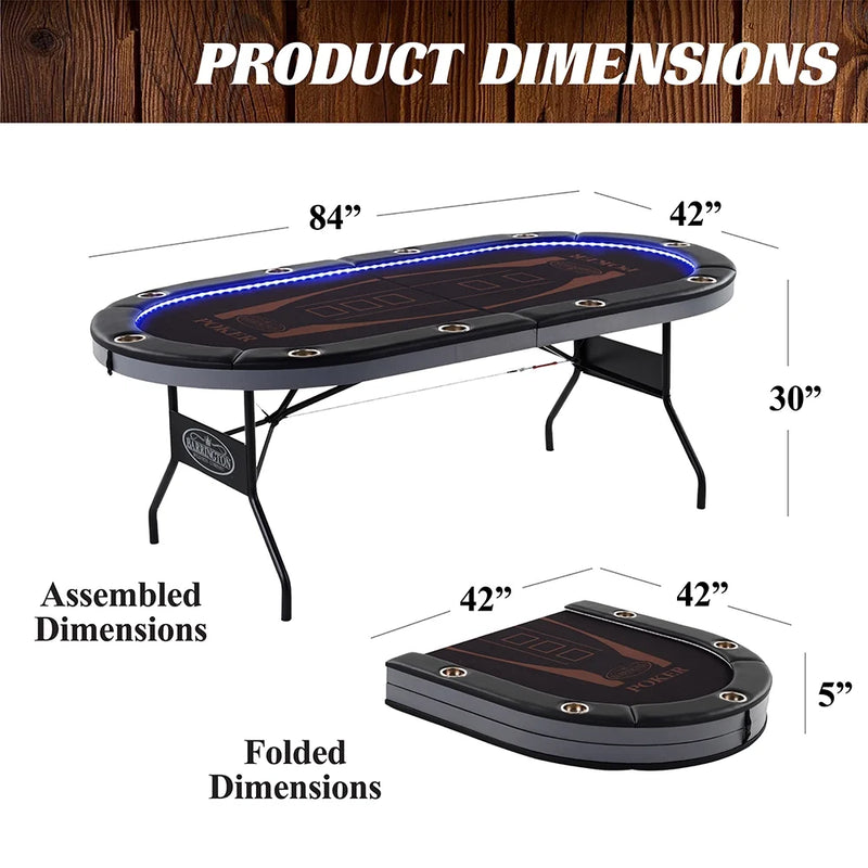 Barrington 10 Player Folding Poker Table with LED Lights – No Assembly Required, Casino Style with Steel Cup Holders & Padded Rails