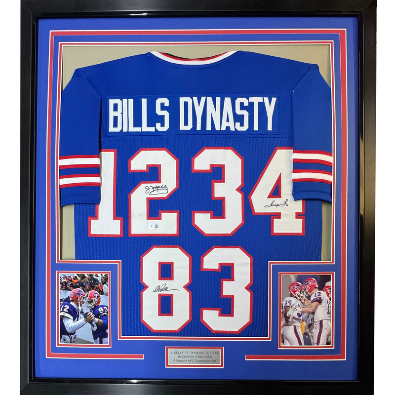 Framed Autographed/Signed Jim Kelly Thurman Thomas Andre Reed Buffalo 35x39 Dynasty Blue Football Jersey JSA COA